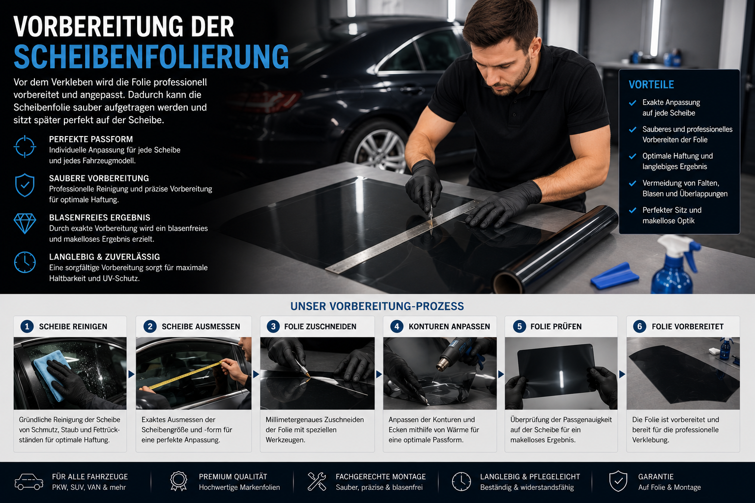 Vorbereitung der Scheibenfolie vor der Montage